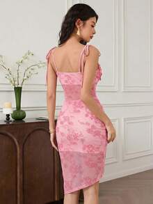 EastFlair Women's Fashion Pink Floral Print Ruched Asymmetrical Hem Spaghetti Strap Tie Waist Dress, Seductive Elegant Summer Party Cocktail Travel - Pink - View 3