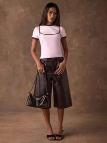 SHEIN PETITE CURVE Áo Camisole nữ cỡ lớn, phối viền tương phản, ôm sát, hở lưng, kiểu dáng thường ngày, thích hợp cho mùa xuân/hè/cơ bản/mùa hè/nghỉ xuân/đi biển/dạo chơi/phong cách Y2K/màu hồng. - Hồng - Xem 6