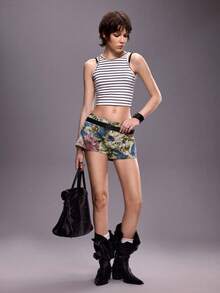 ROMWE Grunge Punk Western Music Festival Vacation Retro Floral Embroidered Denim Shorts - Multicolor - View 7