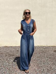 DAZY Bộ áo liền quần denim không tay dáng rộng dành cho nữ, kiểu dáng thường ngày, chất liệu denim đã qua xử lý. - Màu xanh lam - Xem 6