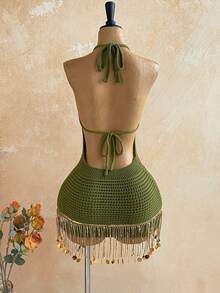 Soleia Đầm dệt kim hở lưng cổ yếm đính sequin tua rua dành cho nữ, thích hợp cho kỳ nghỉ hè. - xanh quân đội - Xem 2