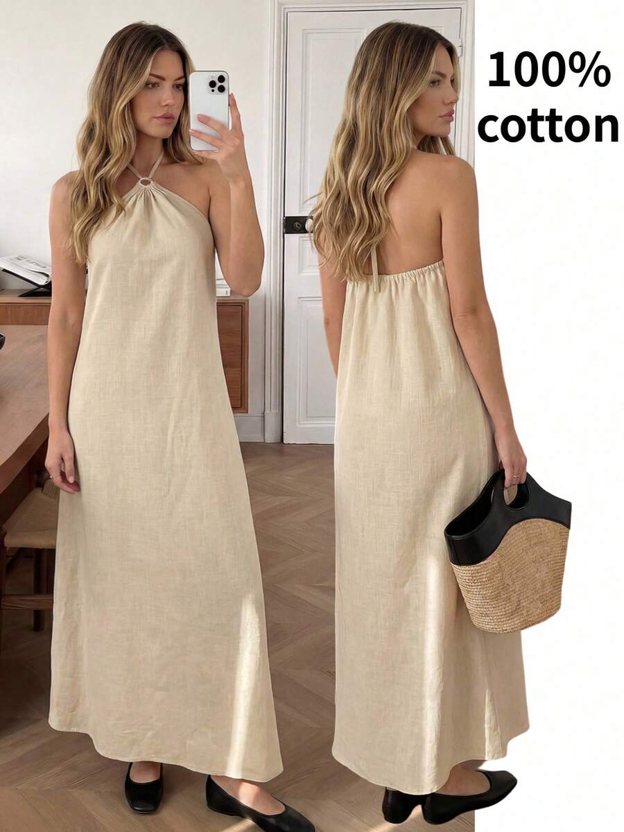 Easowa Vestido casual de verano sin espalda con cuello halter de unicolor para mujer - Albaricoque - Ver 1