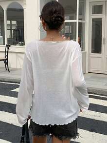 DAZY Women's Loose Fit Deep V-Neck Long Sleeve Sheer Casual Top, Urban Street Style T-Shirt For Summer - White - View 3