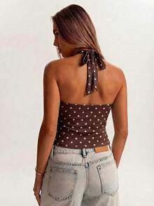 SHEIN BAE Minimalist Brown Mesh Comfortable Draped Neck Loose Camisole, Suitable For Street, Commute, Casual, Date, Gathering With Friends, Italy Vacation, Versatile Occasions - Brown - View 7