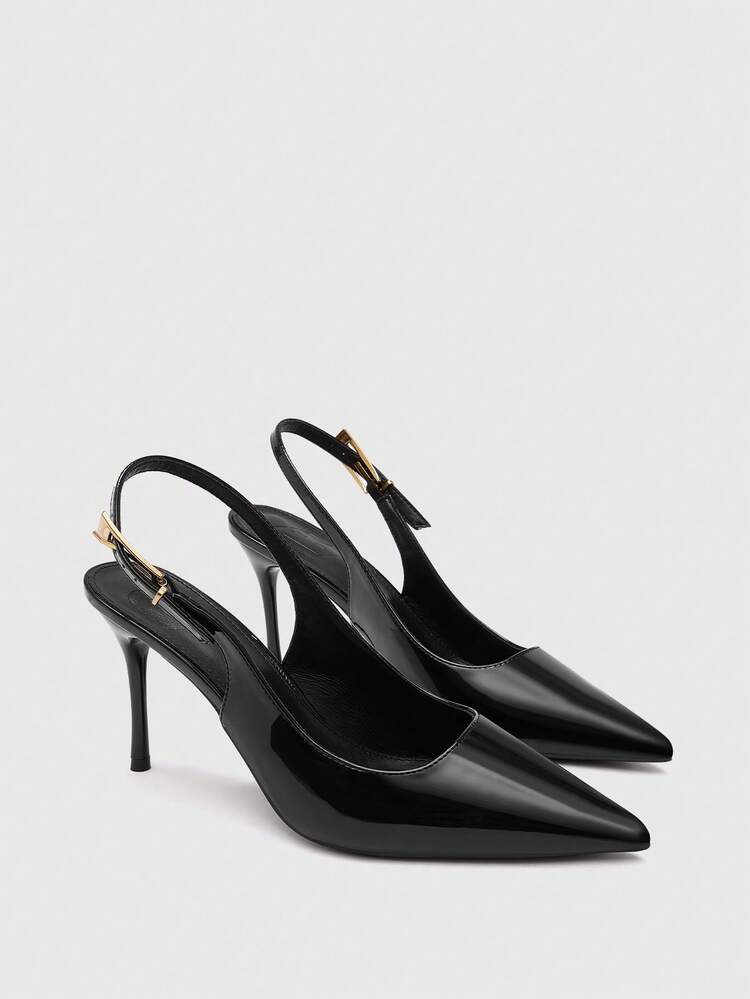 CUCCOO BIZCHIC Women Shoes Spring And Summer Versatile Commuter Dating Women's High Heel Shoes Elegant Pointed Thin Heel High Heel Temperament Glossy Patent Leather Solid Color Slingback Trip Band Design Adjustable Buckle Workplace Banquet Shoes