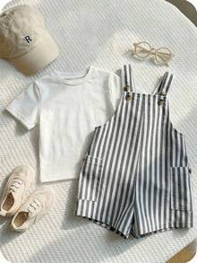 SHEIN Newborn Baby Boy Baby Girl Spring/Summer Versatile Cute Striped Pattern Overall Romper, Suitable For Indoor, Outdoor, Daily, Sports, Play, Party, Photography, Vacation, Holiday - Black and White - View 5