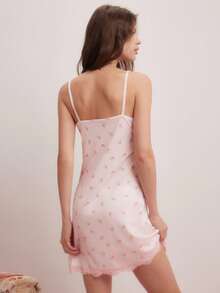 Elorette Camisón de mujer CottageSlumber con ribete de encaje floral, lazo y tejido acanalado sexy - Rosa - Ver 3