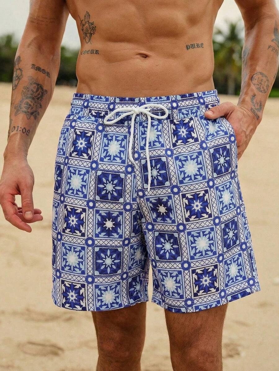 Manfinity Swimmode 男士印花抽绳腰带休闲沙滩短裤 - 彩色 - 查看 1