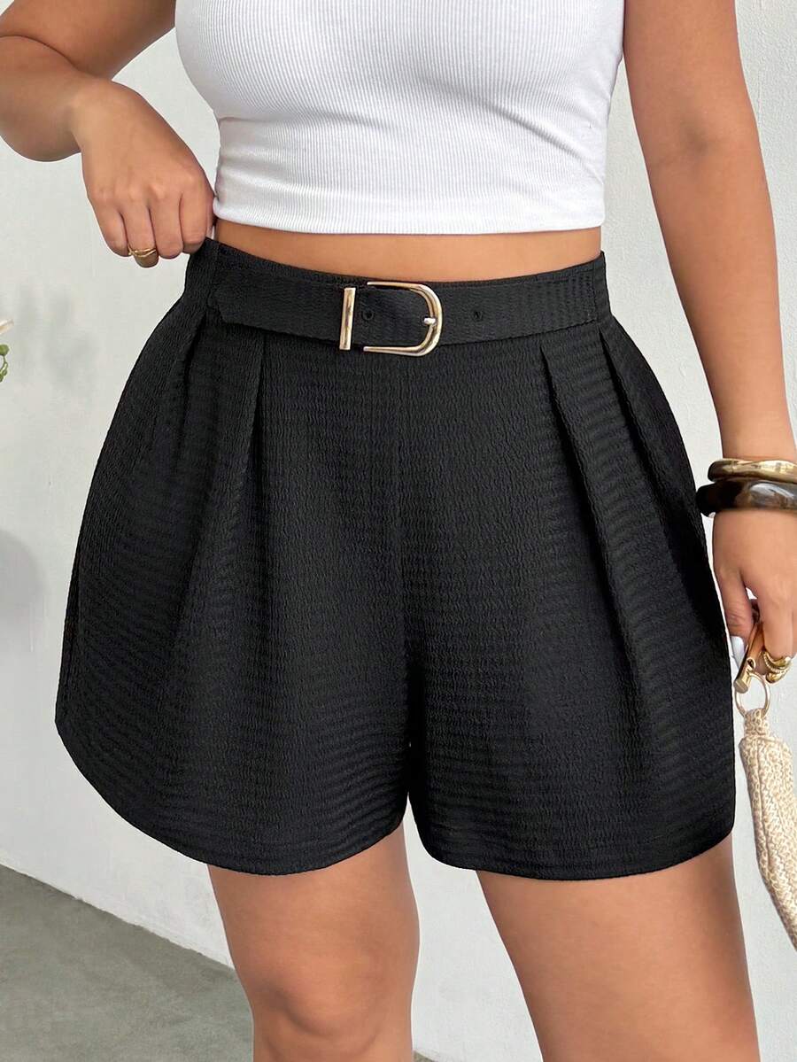 Firerie Plus Size Comfortable Casual Elegant Vacation Versatile All-Match Minimalist Wool Ruched Metal Decor Shorts For Women, Autumn/Winter Black Shorts With Belt Short Outfits For Women Casual Commuter Short For Women - Black - View 1