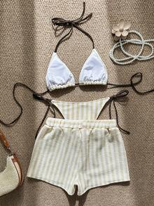 Swim Vcay 3pcs/Set Bohemian Style Crochet Fabric Drawstring Swimwear Cover Up Bikini Set - Light Yellow - View 2