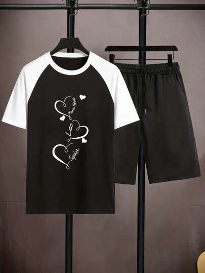 Hombre002PSy007 Conjunto deportivo masculino con camiseta estampada y pantalón corto de corte equilibrado, ni ajustado ni excesivamente holgado, ropa de gran confort, envío desde México, apto para uso diario y entrenamiento