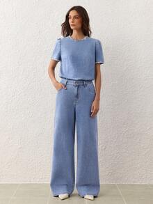 Selenza Bộ quần jean ống rộng và áo tay ngắn đính đá thời trang đi làm cho nữ - Màu xanh lam - Xem 6