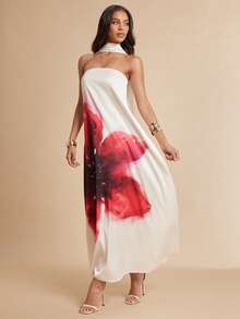 Silquee Đầm dài không dây đeo vai, in kỹ thuật số, chất liệu giống satin, thích hợp cho mùa hè. - Nhiều màu - Xem 6