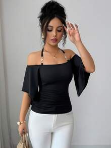 SHEIN Elenzya 女士纯色吊带T恤，露肩半袖简约优雅修身褶皱上衣，春夏新款，日常、音乐节、晚宴、派对、复古百搭 - 黑色 - 查看 6