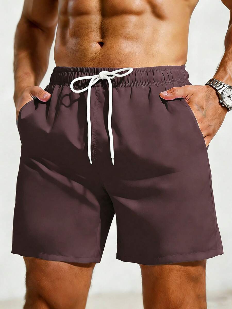 Palasendo Men's Solid Color Pockets Drawstring Waist Beach Shorts, Suitable For Summer - Coffee Brown - View 1