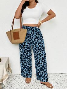SHEIN Frenchy Celana Panjang Wanita Ukuran Besar Gaya Kasual Modis untuk Liburan Jalanan Motif Leopard dengan Tali Serut di Pinggang, Model Longgar dan Lebar untuk Musim Gugur - Biru - View 3