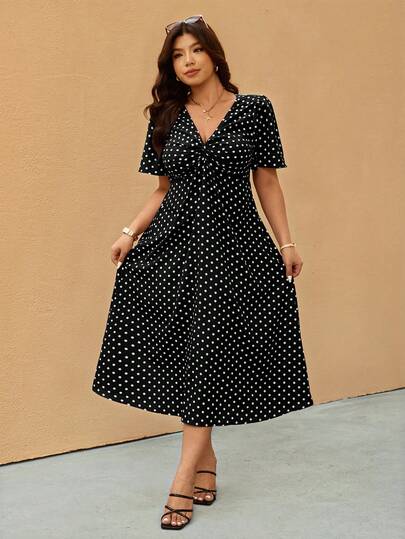 Elaquor Plus Size Polka Dot Print Twist Knot Casual Vacation Dress