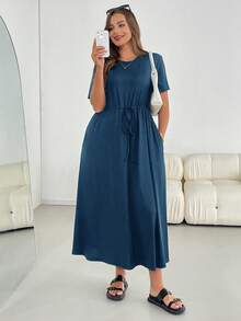 SHEIN Essnce 大码女式夏季连衣裙，短袖连衣裙，黑色连衣裙，休闲女装夏季连衣裙，适合度假穿着 - 霧霾藍 - 查看 3