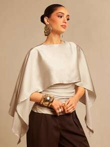 Silquee Áo choàng Poncho thời trang thanh lịch, màu trơn, xếp ly dành cho nữ - Màu be - Xem 6