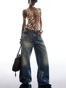 LYSMO Áo croptop hở lưng, cổ yếm, đính sequin gợi cảm dành cho nữ, thích hợp cho mùa hè. - Vàng - Xem 6