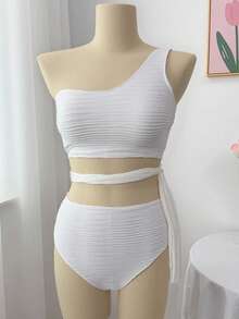 Swim Vcay Conjunto de biquíni de um ombro nó lateral e tamanho grande para praia de verão - Branco - Ver 5