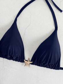 Swim Basics 大码女士纯色挂脖比基尼上衣，夏季 - 藍色 - 查看 4
