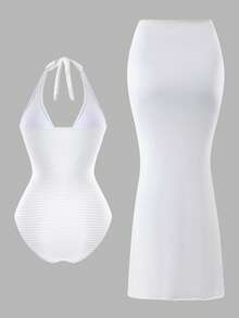 Swim Oasis Damen Frühling/Sommer 2026 Neuer weißer strukturierter Stoff Metall Blumen Dekor Träger Rückenfreier schlankmachender Einteiler Badeanzug & Mesh Rock Hochwertiges 2-teiliges Set - Weiss - Übersicht 9