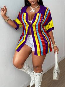 Maweii Women's Knitted Cardigan,Half-Sleeve Button Semi-Transparent Top,Purple Summer Boho Vacation Pride Month Party Milkmaid Festival Rave Outfits - Multicolor - View 3
