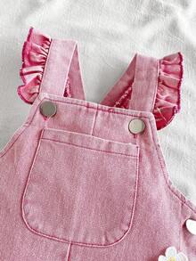 SHEIN Vintaside Kids 1件女婴蓝色牛仔休闲可爱刺绣花卉吊带连体裤，适合外出和派对穿着 - 粉色 - 查看 7