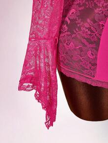 Amplova 性感撞色蕾丝收腰女士吊带连体裤，配长喇叭袖和透视侧片 - 玫紅色 - 查看 4