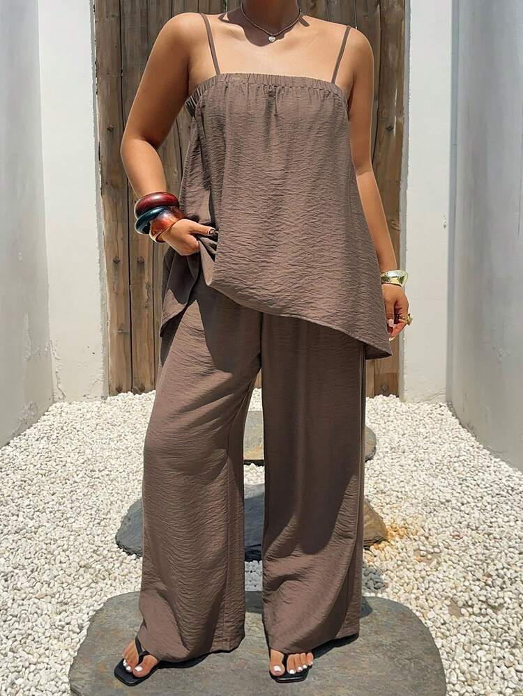 Dazy Plus Summer New Women's Vacation Outfit Solid Color Casual Camisole Top And Long Pants Plus Size 2-Piece Set