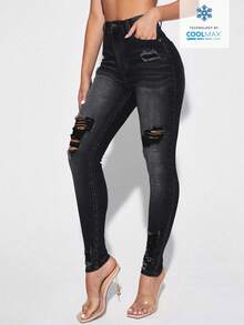 SHEIN Essnce 女士平底时尚牛仔裤，适合夏季 - 黑色 - 查看 5