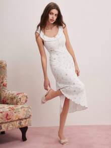 Elorette Jacquard Knit Ditsy Floral Ruffle Trim Nightgown Babydoll Perfect Summer, Bountiful Floral Splendor Cozy And Elegant Details - White - View 2