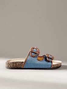 Solecia 女士平底凉鞋，牛仔布缝线棕色皮带扣拖鞋，平底穆勒拖鞋，适合度假、居家和圣诞休闲旅行 - 藍色 - 查看 1