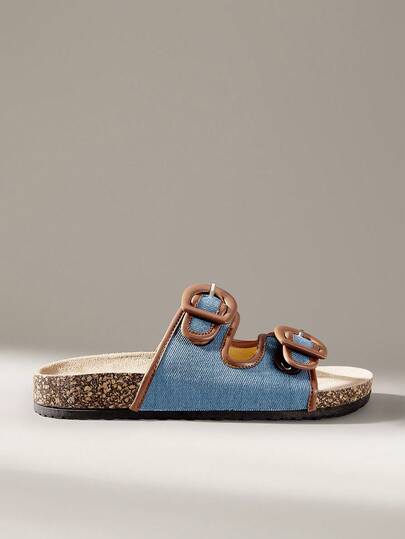 Solecia Dép xăng đan đế bằng cho nữ, dép lê đế bằng màu nâu denim có khóa cài, dép Muller đế bằng, thích hợp cho kỳ nghỉ, ở nhà và du lịch dịp Giáng sinh.