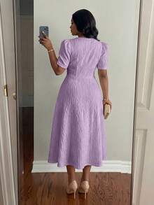 SHEIN Lady CURVE 大码女式仿珍珠装饰优雅收腰派对连衣裙 - 紫色 - 查看 2