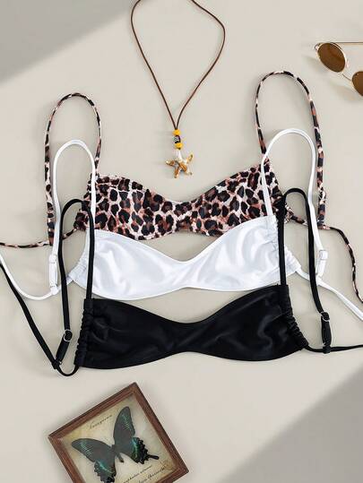 Swim Vcay Multiple Pieces Spring Black + Spring White + Random Leopard Print Sexy Lace-Up Design Women Swimwear Top