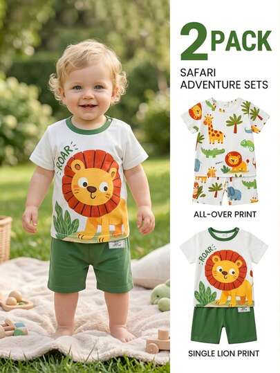 SHEIN Bộ 4 món áo ngắn tay và quần short kẻ sọc hình khủng long hoạt hình cho bé trai, dễ thương cho mùa xuân/hè.