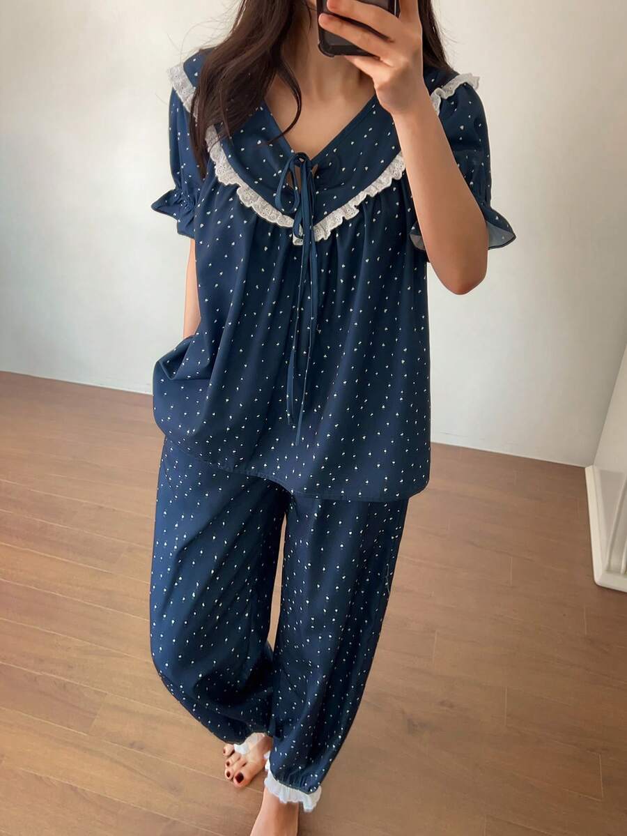 DAZY 女士波点蕾丝边上衣和裤子休闲家居服睡衣套装 - 藏蓝色 - 查看 1