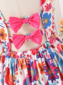 Tween Girl Floral Print Backless Bow Tie Design Cap Sleeve Waist Cinched Dress - Multicolor - View 4