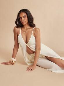 Silquee Women's Cream Ivory White Long-Strapped Tank Top,Sheer Slit Design Flowing Chiffon Hem,Summer Casual Vacation Holiday Beach Party Sophisticated - Apricot - View 7