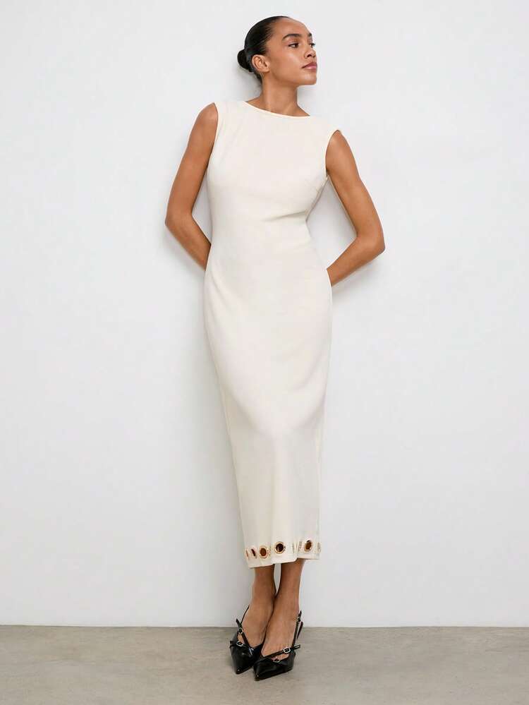 SHEIN Maija Women's Solid Color Backless Fitted Mid-Length Boat Neck Dress, Summer Outfits,Graduation Dress Women,Work Dresses For Women