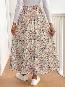 SHEIN PETITE CURVE Chân váy dài cỡ lớn màu đen in hoa phong cách Bohemian, kiểu dáng retro, thích hợp cho kỳ nghỉ, lễ hội âm nhạc, du lịch biển, quà tặng cho mẹ, phù hợp cho mọi mùa. - Nhiều màu - Xem 2