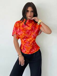 Firerie Áo kiểu dáng thanh lịch, cổ nhún, tay áo bất đối xứng, eo nhún bên hông, chất liệu pha lanh, họa tiết hoa cổ điển, thích hợp cho đi làm, đi biển, dự tiệc, đám cưới, sang trọng và lãng mạn. - trắng - Xem 4