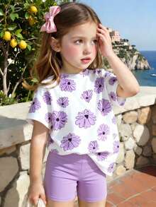 2 pièces/Set Ensemble T-shirt et short décontracté et polyvalent pour fillettes, avec T-shirt à imprimé floral violet mignon et short violet décontracté, idéal pour les sorties printanières et estivales - Multicolore - Voir 1