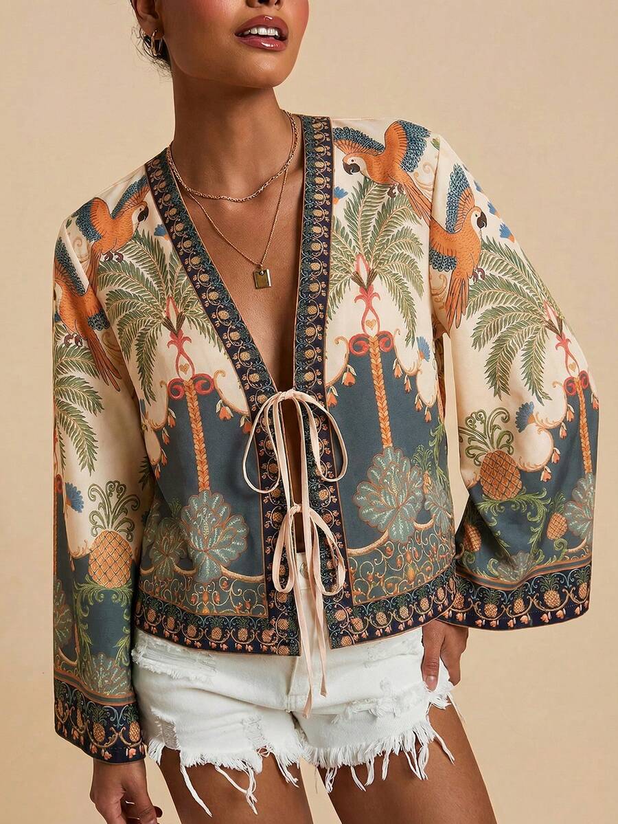 Travachic Woven Printed Long Sleeve Cropped Loose Blouse For Women,Summer Top - Multicolor - View 1