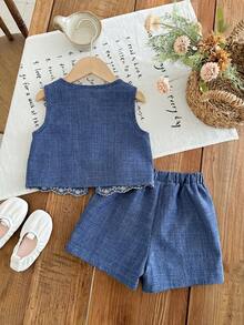 LMoss Kids LMoss 2pcs Young Girl Woven Solid Color Casual Vest And Shorts Set - Blue - View 2