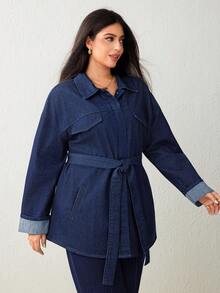 Selenza 大码女式纯色水洗牛仔外套，秋冬款 - 深色水洗藍 - 查看 4