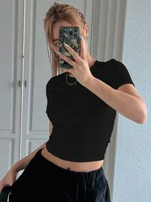 DAZY Women's Short Crop Top T-Shirt With Round Neckline - Black - View 3