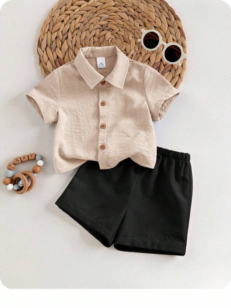 两件套男女宝宝休闲纯色短袖上衣和松紧腰短裤套装，适合夏季居家、外出、旅行和度假穿着。 - 彩色 - 查看 1